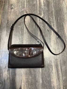 Brighton Vintage Brown Leather Croc Embossed Slim Wallet Crossbody Bag Clutch